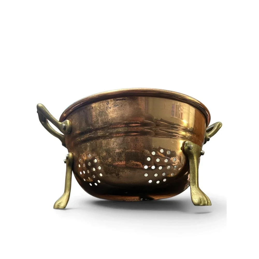 Vintage Solid Copper Colander Footed Brass Tripod Lion Paw Handles 70s Hang Tag
